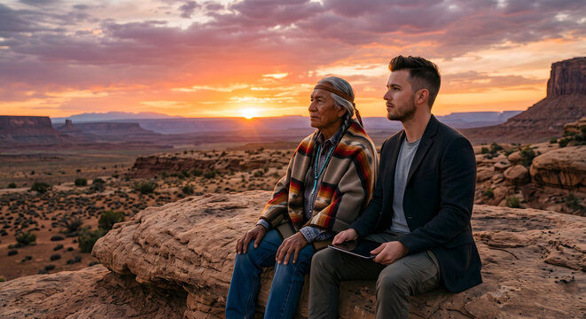 Native American Elder and Young Modern Entrepreneur Sitting Together on Desert Canyon Rock at Sunset &mdash; USA Heritage Legacy Freedom Generations Concept, celebration day, freedom