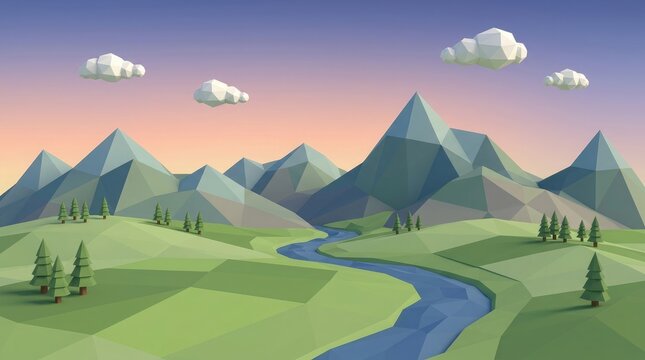 Low poly landscape with a river and mountains at sunset with clouds