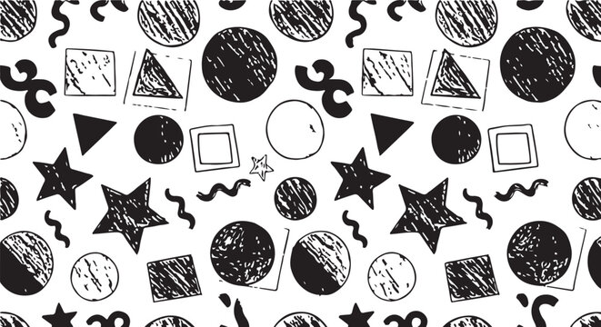  geometric poster set with a4 format preview. Retro black and white geometric Bauhaus pattern background. Square, circle, semicircle, triangle and square line pattern