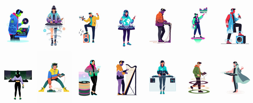 A diverse collection of stylized flat illustrations of DJs and musicians using futuristic equipment and vibrant colors, isolated on white background.