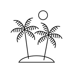 Logo agencia de viajes. Vacaciones de verano. Dibujo minimalista con líneas de un paisaje tropical con una isla con dos palmeras y el sol en la parte superior  © teracreonte