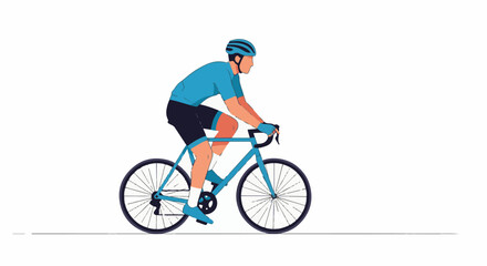 Fototapeta premium A cyclist wearing a blue helmet and shirt rides a blue bicycle