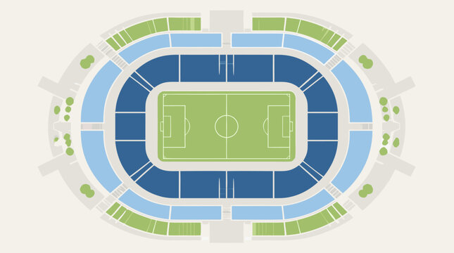 Abstract generic stadium arena layout map blueprint showing seating sections and playing field. Professional flat vector illustration for event planning and sports venue navigation design.