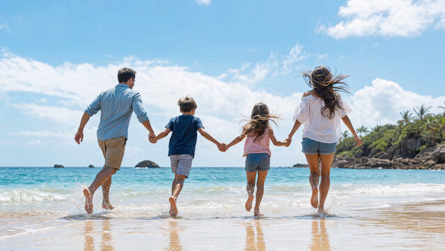 Happy diverse family with young children holding hands and walking together through a sun-drenched green meadow during a beautiful summer sunset, symbolizing love, unity, and togetherness.