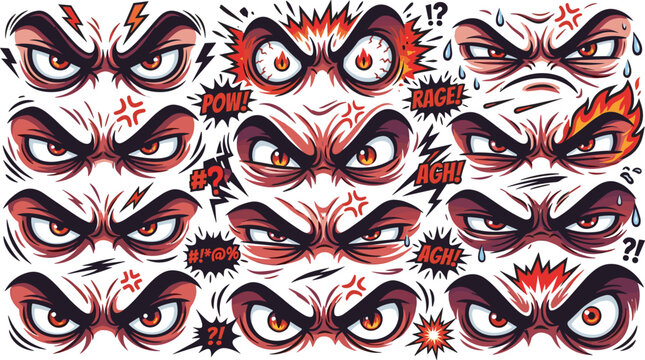 Angry cartoon eyes expression vector set with furious comic book expressions fire elements lightning bolts and rage text speech bubbles isolated on white background