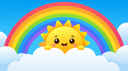 Naklejka premium Cheerful smiling yellow sun peeking from behind a soft white cloud with a vibrant colorful rainbow in a bright flat vector illustration, perfect for children's nursery decor and weather art.