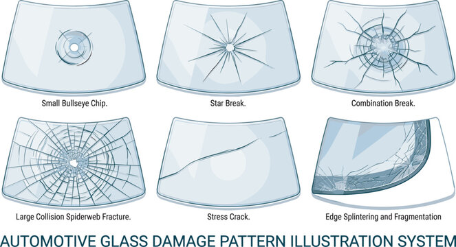 Automotive glass damage patterns vector illustration system showing windshield chips star break spiderweb fracture stress cracks and splintering isolated on white background