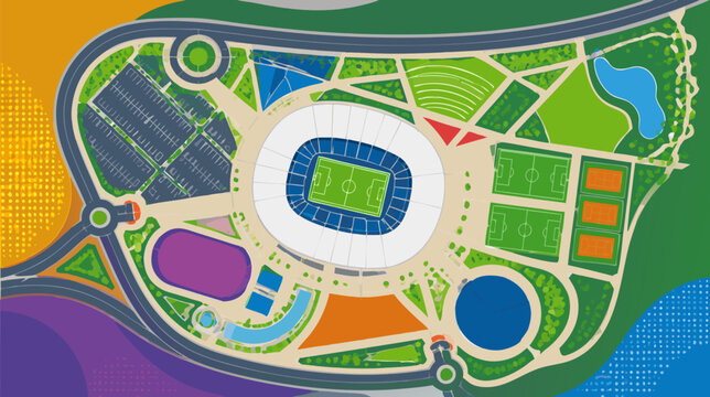 Modern generic stadium layout map showing seating sections and arena infrastructure in a clean flat vector style, ideal for event planning and sports venue architectural visualization designs.