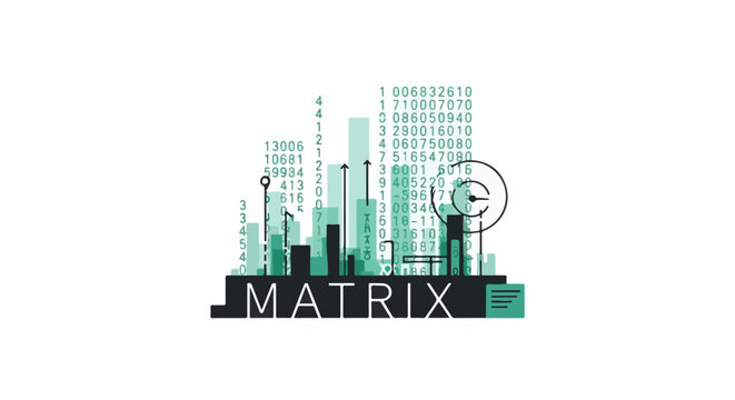 A stylized cityscape with a clock and binary code