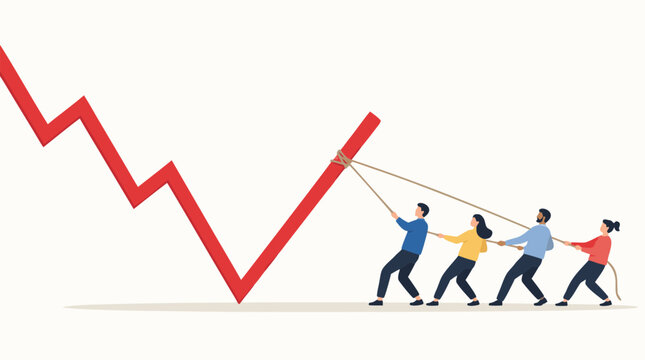 Collaborative business team pulling a heavy rope together to lift a falling red stock market graph line, flat vector illustration representing corporate financial recovery and joint success.