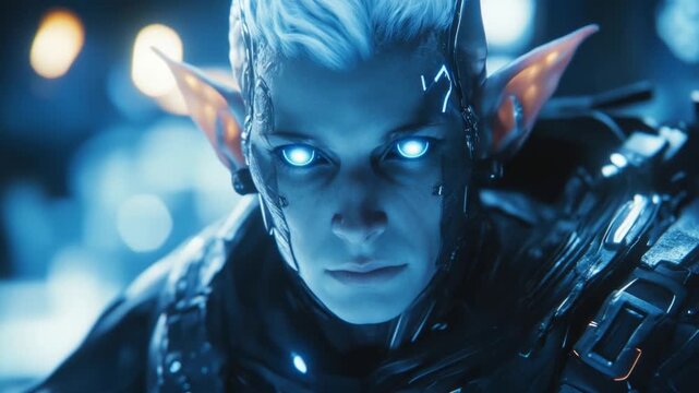 Futuristic Elf Warrior with Glowing Eyes in Sci-Fi Armor Captured in Stunning Detail for Gaming and Fantasy Concepts. Perfect for Creative Projects. Generative AI