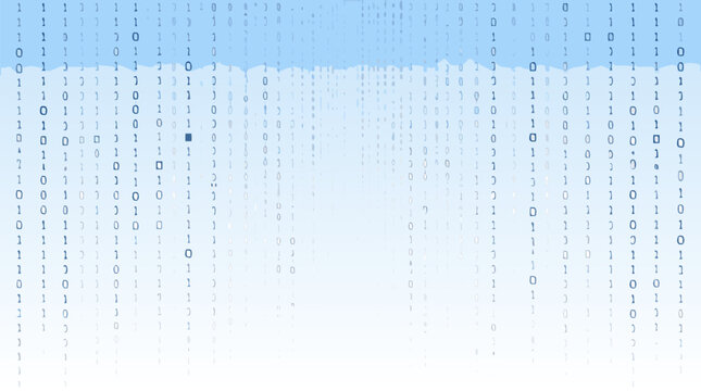 Abstract digital binary code raining down like a glowing matrix waterfall on light background. Flat vector illustration representing cyber security, data processing, coding, and software development.