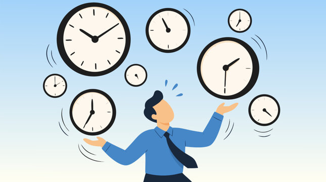 Faceless corporate worker juggling multiple ticking clocks against a light background, flat vector illustration depicting time management stress, multitasking pressure, and deadline anxiety.