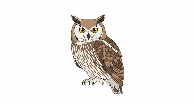 A brown owl with distinctive white facial markings and sharp talons perches alertly