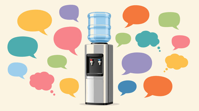 Modern office water cooler station surrounded by colorful empty speech bubbles representing workplace communication and corporate gossip, flat vector illustration for business culture and networking.