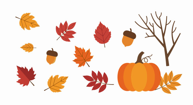 A colorful autumnal arrangement of leaves, acorns, a pumpkin, and a bare tree branch