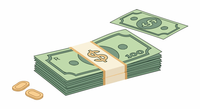 A stack of green bills with a beige band and two coins