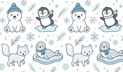 Cute arctic polar bear and penguin winter seamless vector pattern for Christmas wrapping paper © Rajib