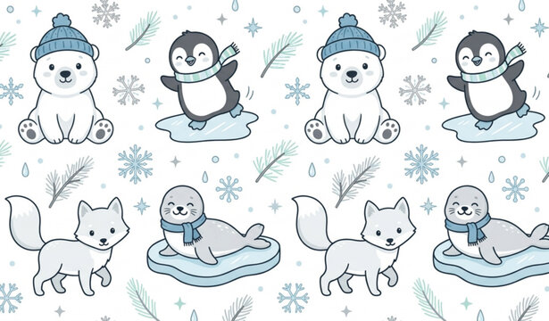 Cute arctic polar bear and penguin winter seamless vector pattern for Christmas wrapping paper