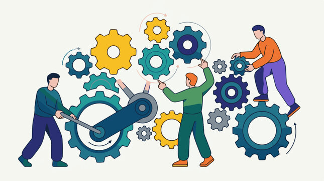 Illustration of three people working together to assemble and adjust a large set of colorful gears