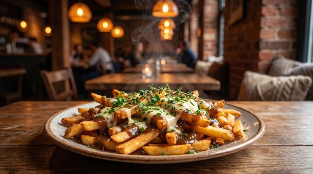 Close up of poutine with cheese curds and gravy on a wooden table in a pub