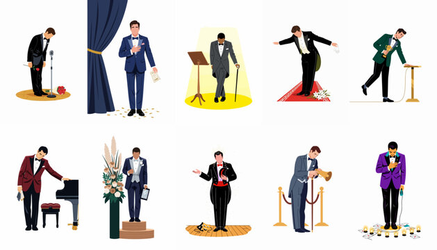 Collection of illustrations featuring elegant men in formal tuxedos and tailcoats performing and taking a bow on stage at various gala events.