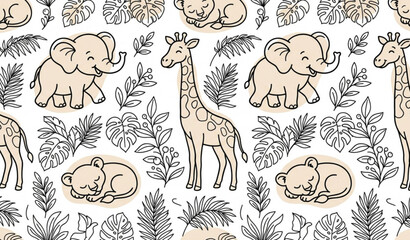 Elegant monoline safari animals and jungle foliage seamless vector pattern with modern pastel accents © Rajib