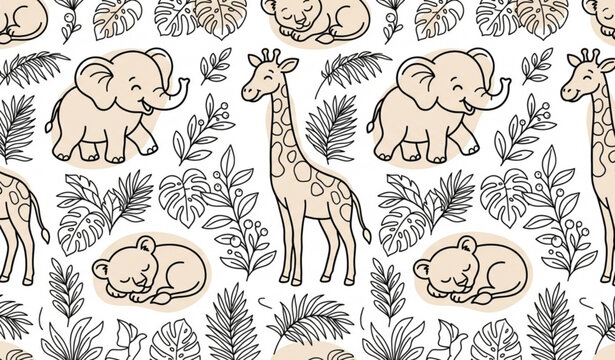 Elegant monoline safari animals and jungle foliage seamless vector pattern with modern pastel accents