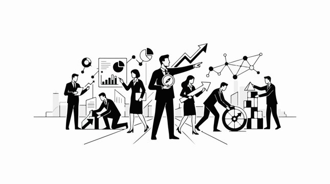 A black and white illustration of business professionals working together with charts and graphs