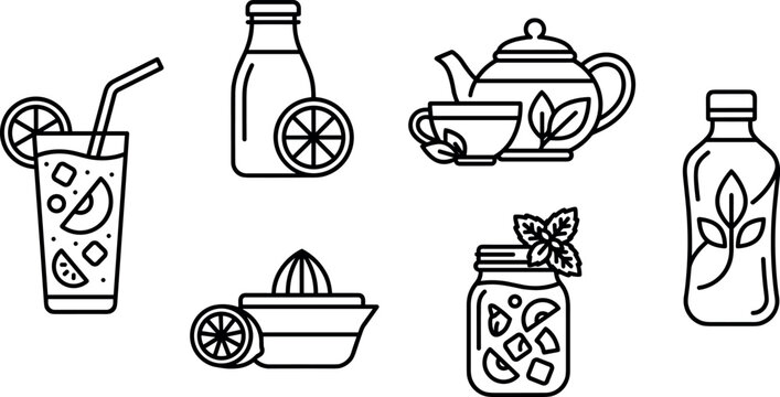 Healthy beverages and organic refreshing drinks line icon set featuring lemonade juice herbal tea squeezer jar bottle vector