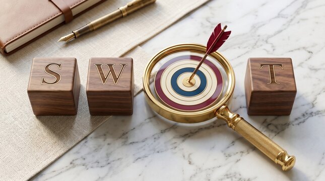 Swot analysis concept with wooden blocks and target magnifying glass for strategic business planning and effective performance evaluation on marble desk