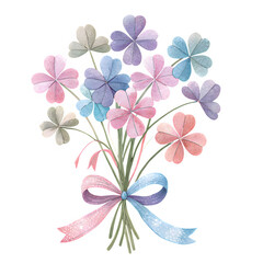 Fototapeta premium Watercolor bouquet of colorful shamrocks tied with pink and blue ribbons.