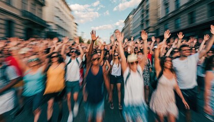 Fototapeta premium Energetic blurred crowd of diverse people raising their hands together in a city street, with colorful clothing, motion, sunlight, and celebratory public gathering atmosphere