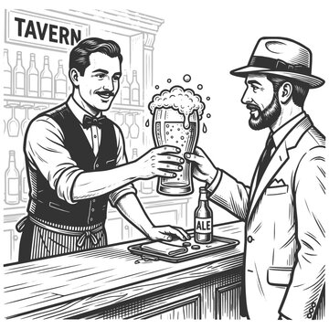 bartender and gentleman clinking tall foamy beer glasses across a pub counter sketch engraving generative ai fictional character vector illustration. Scratch board imitation. Black and white image.