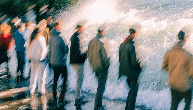 Group of diverse blurred people gathered near a dynamic splashing water texture, representing purity, refreshing hydration, environmental vitality, and the invigorating energy of nature's flow.
