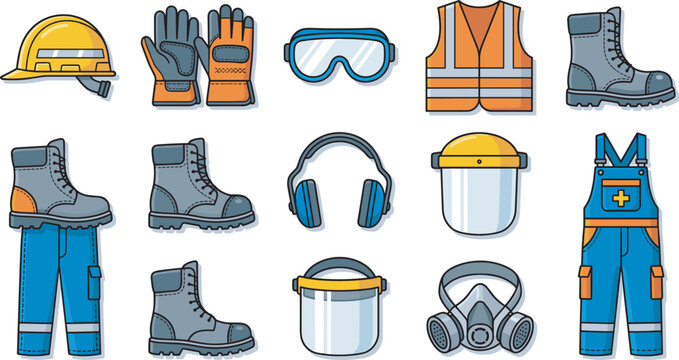 Personal protective equipment PPE vector icon set with construction safety helmet gloves goggles vest boots earmuffs face shield and respirator isolated on white background