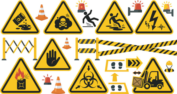 Industrial safety warning signs vector set with yellow caution triangles hazard alerts barricades traffic cones flasher lights and forklift icon isolated on white background