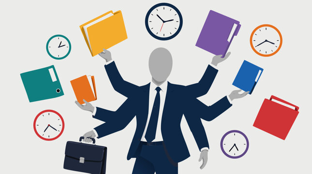Faceless businessman juggling multiple folders and clocks in a flat vector illustration, representing busy professional multitasking, effective time management, and heavy office workload.