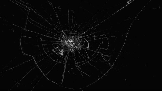 Circular shattered glass or cracked screen effect originating from center on black background