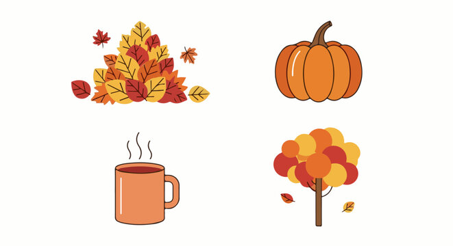 Colorful autumnal icons of leaves, pumpkin, tree, and steaming mug