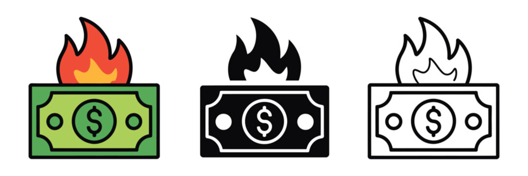 Burning Dollar Icons for Financial Crisis, Money Loss, Inflation Risks and Economic Instability Concepts
