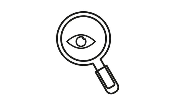 Animated magnifier glass with eye icon. Tilting loupe zoom symbol. Pulsating eye indicates vision care and analysis.