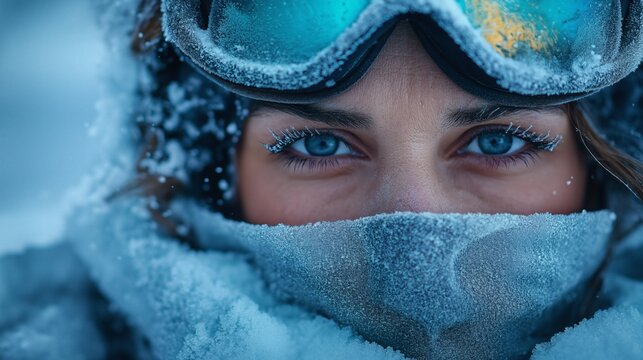 Frozen Woman in Winter Snowstorm Close Up