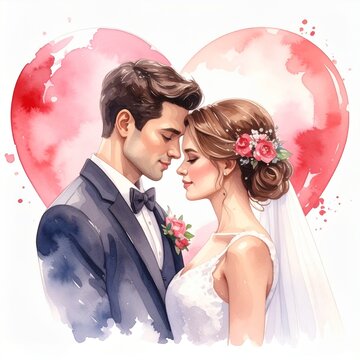 Wedding couple heart watercolor illustration
