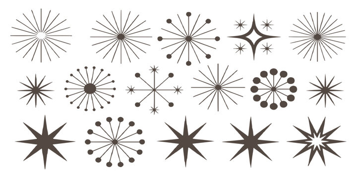 Retro mid-century modern starbursts and atomic age geometric star shapes set vector illustration.