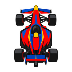 Naklejka premium Showcasing a formula car in red, blue, and yellow, embodying high-speed motorsport and fierce competition