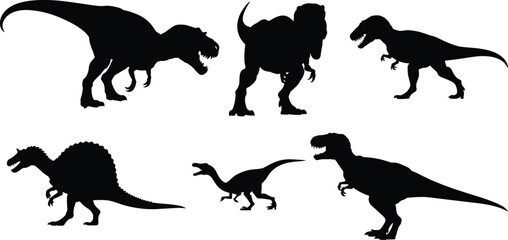 Black dinosaur silhouettes vector graphic set featuring tyrannosaurus rex spinosaurus and predatory theropods isolated on white background © RAFIQUL