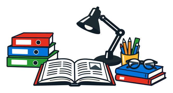 Desk showing an open book, lamp, pens, pencils, binders, and glasses depicting education, learning, and study