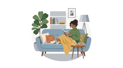 Fototapeta premium Person sitting on sofa reading book and drinking tea at home