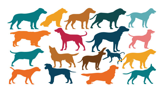 Colorful Silhouettes of Various Dog Breeds Collection.